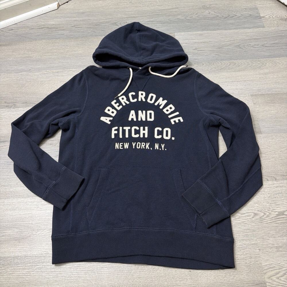 Abercrombie & Fitch Navy Pullover Fleece Logo Hoodie Pockets Small